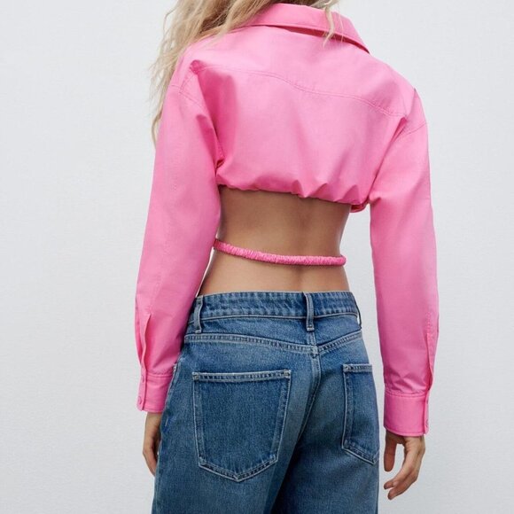 Zara Long Sleeve Crop Top with Body Chain in Pink - Picture 3 of 5